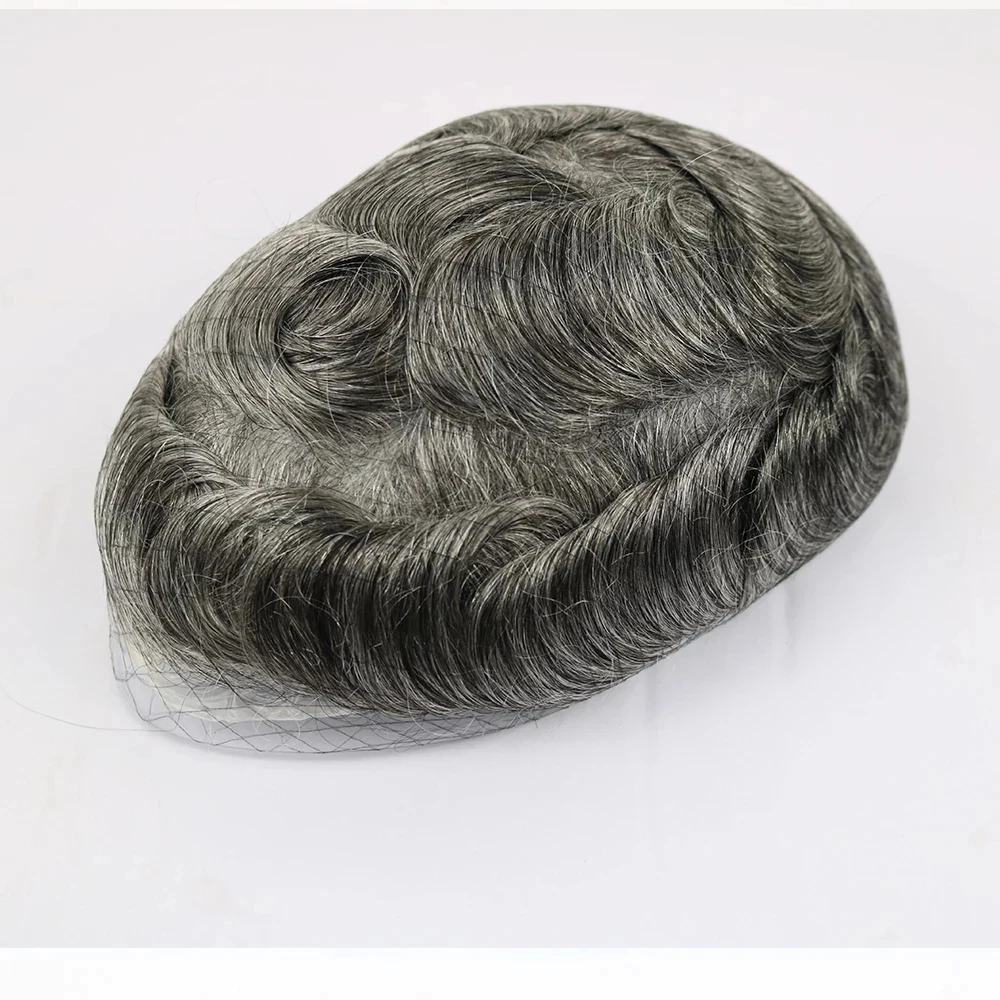 Parrucca da uomo 1B misto grigio grigio capelli umani durevoli pelle sottile Toupee Wave per uomo sistema di sostituzione v-loop Pu trasparente completo