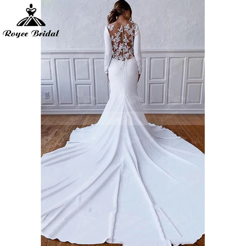 Semplice elegante o-collo manica lunga Cap Appliques di pizzo abito da sposa a sirena abito da sposa in raso pulsante Sweep abiti da pavimento