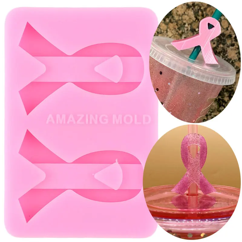 Ribbon Breast Cancer Straw Topper Silicone Mold Craft Keychain Epoxy Resin Molds Chocolate Candy Fondant Cake Decorating Tools