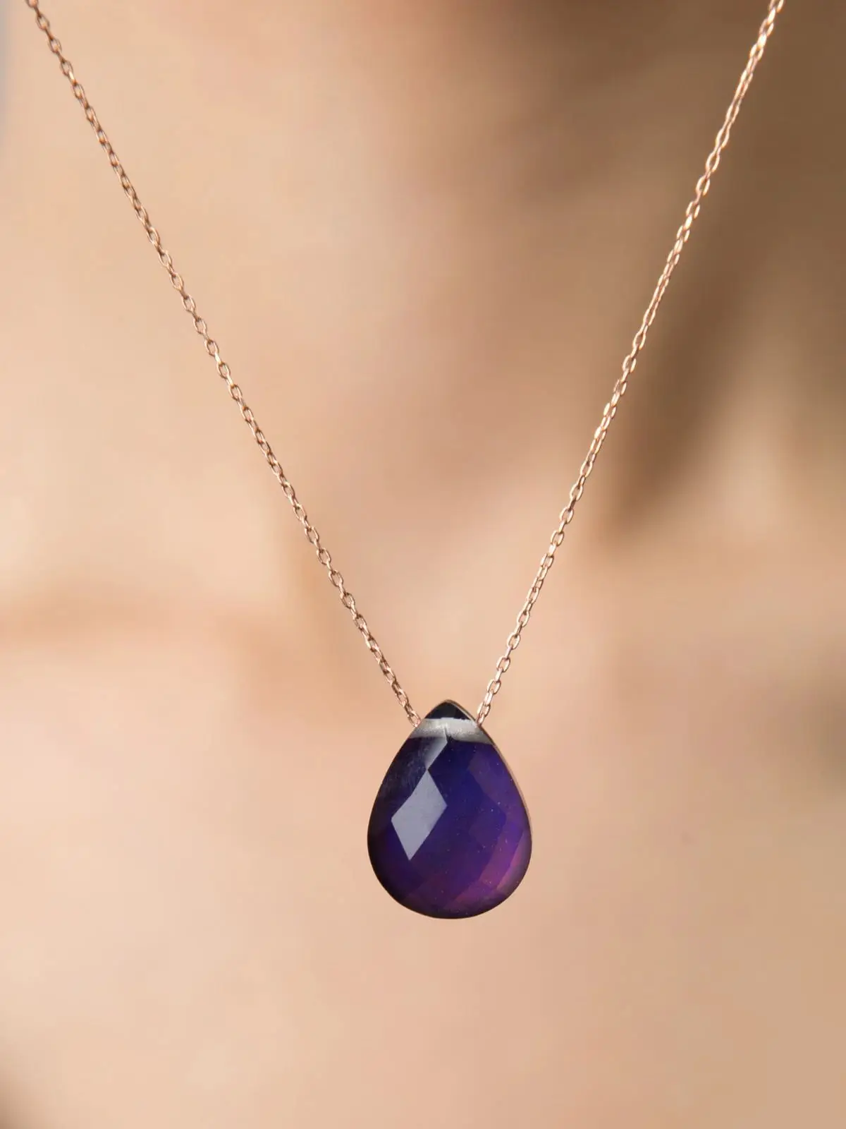 Drop Model Feel Stone Color Changing 925 Sterling Silver Necklace