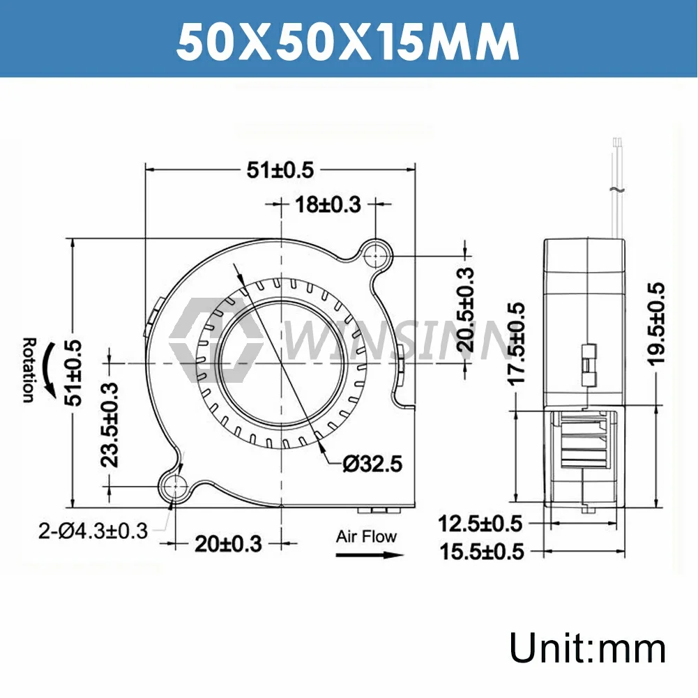 WINSINN 5015 50mm Blower Fan 5V 12V 24V, 3D Printer Micro Hydraulic / Dual Ball Bearing, Brushless Cooling 50x15mm 2PIN [4-Pack]