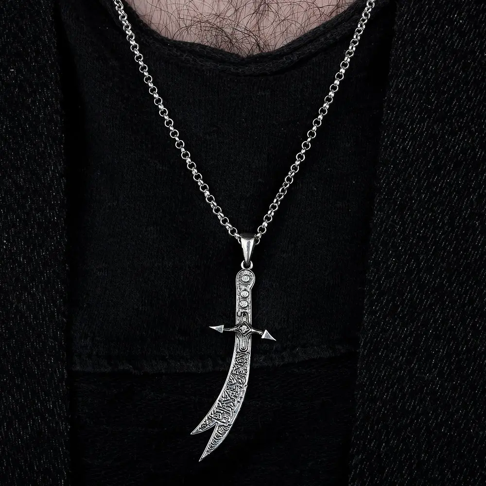 Zulfiqar Model 925 Sterling Silver Men Necklace Hz ALI Muslim Chain Necklace Allahın Sword Made in Turkey