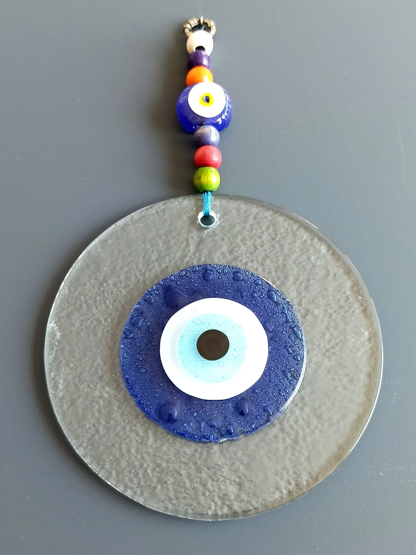 Blue Evil Eye Bead, Handmade, Clear Glass Wall Ornament