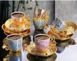 

TURKISH COFFEE GOLD PATTERNED COLORED PORCELAIN 18 PIECES 6 PERSONALİTY COFFEE SET