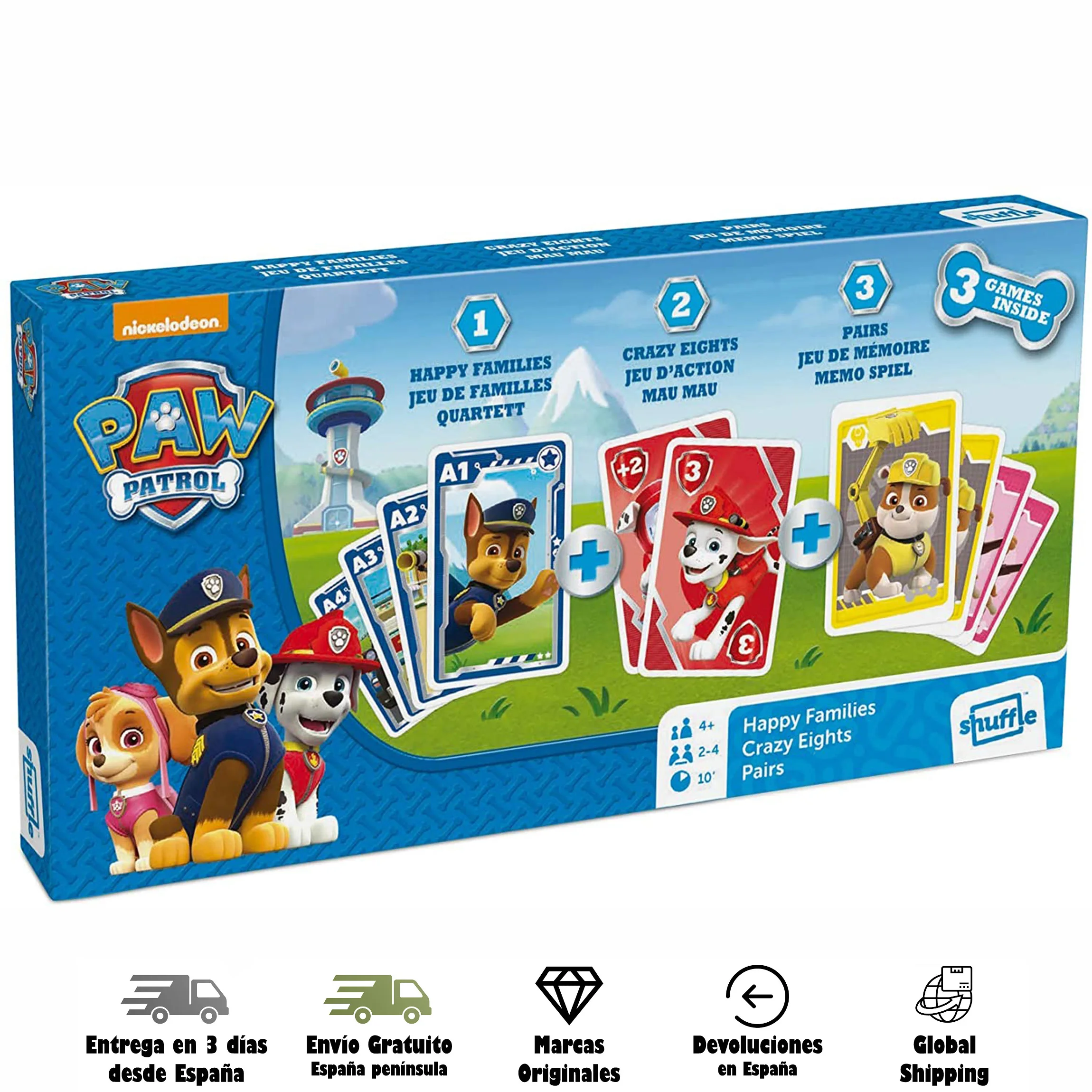 Cartamundi, Shuffle, Paw Patrol, canine Patrol, multigames, Tripack 3 card decks, games, kids, game table, play, outdoor