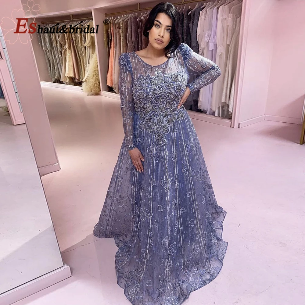 Elegant Dubai Evening Dress for Women 2024 Long Sleeves O Neck Aline Crystal Lace Formal Prom Wedding Party Gowns Customized