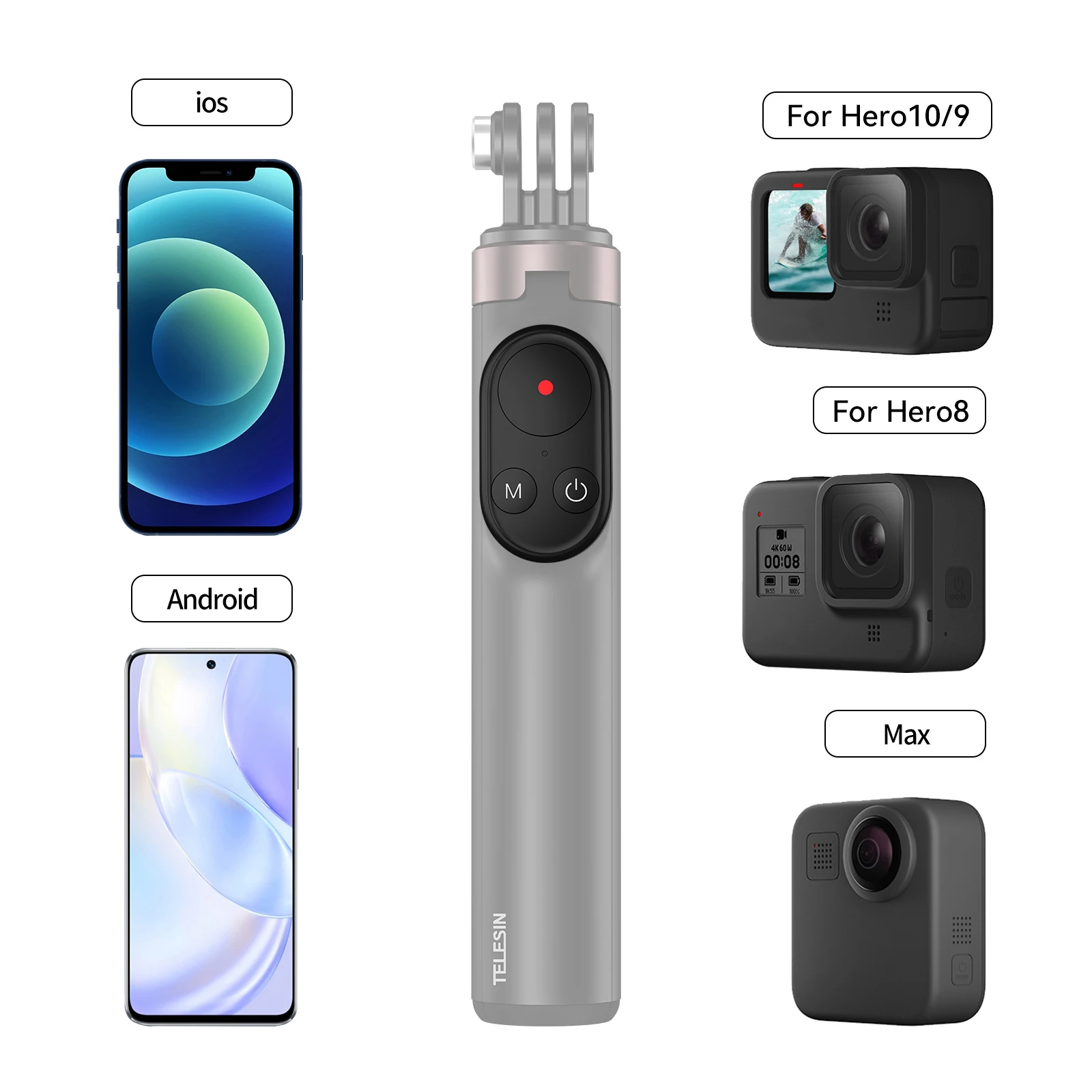 TELESIN Selfie Stick Extension Rod with Wireless Bluetooth Remote Control Monopod Tripod For Phones GoPro 10 9 8 Max