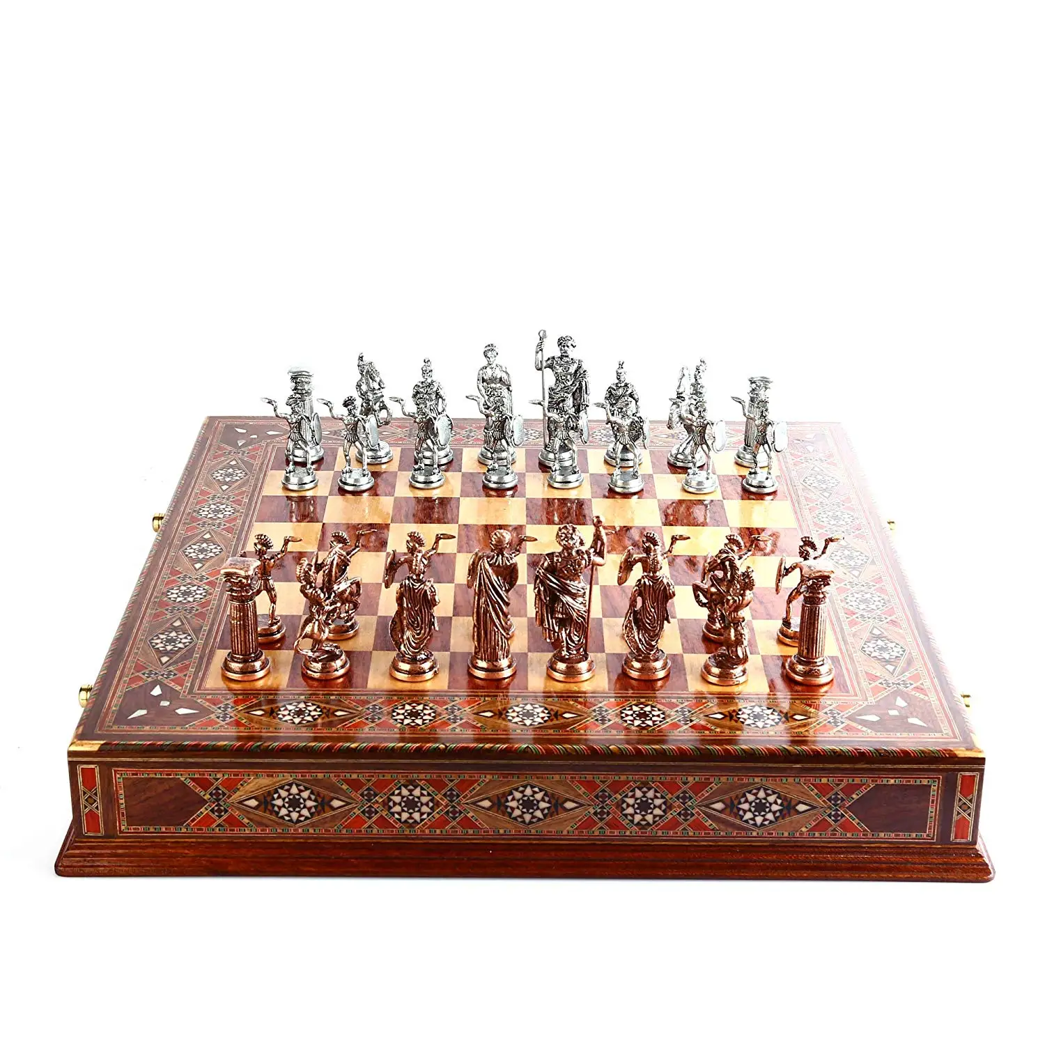 Metal Chess Set Antique Copper Rome Figures Handmade Pieces,Natural Solid Wooden Board Original Pearl,Storage Inside King 10 cm