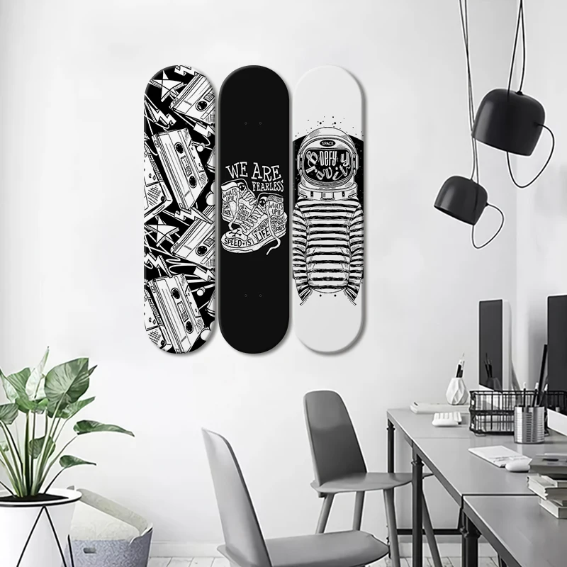 Skateboard Wall Art Black and White Mural & Skate Deck Art Wooden Panels for Club Bar Men Cave Wall Decoration