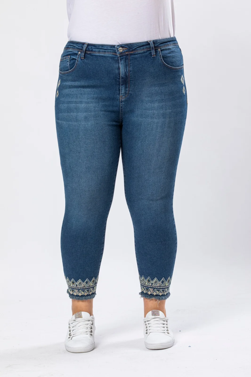 Diaves Plus Size Woman Summer Fashion High Waist Skinny Ankle and Pocket Embroidered Detail Denim Jeans Turkish Quality