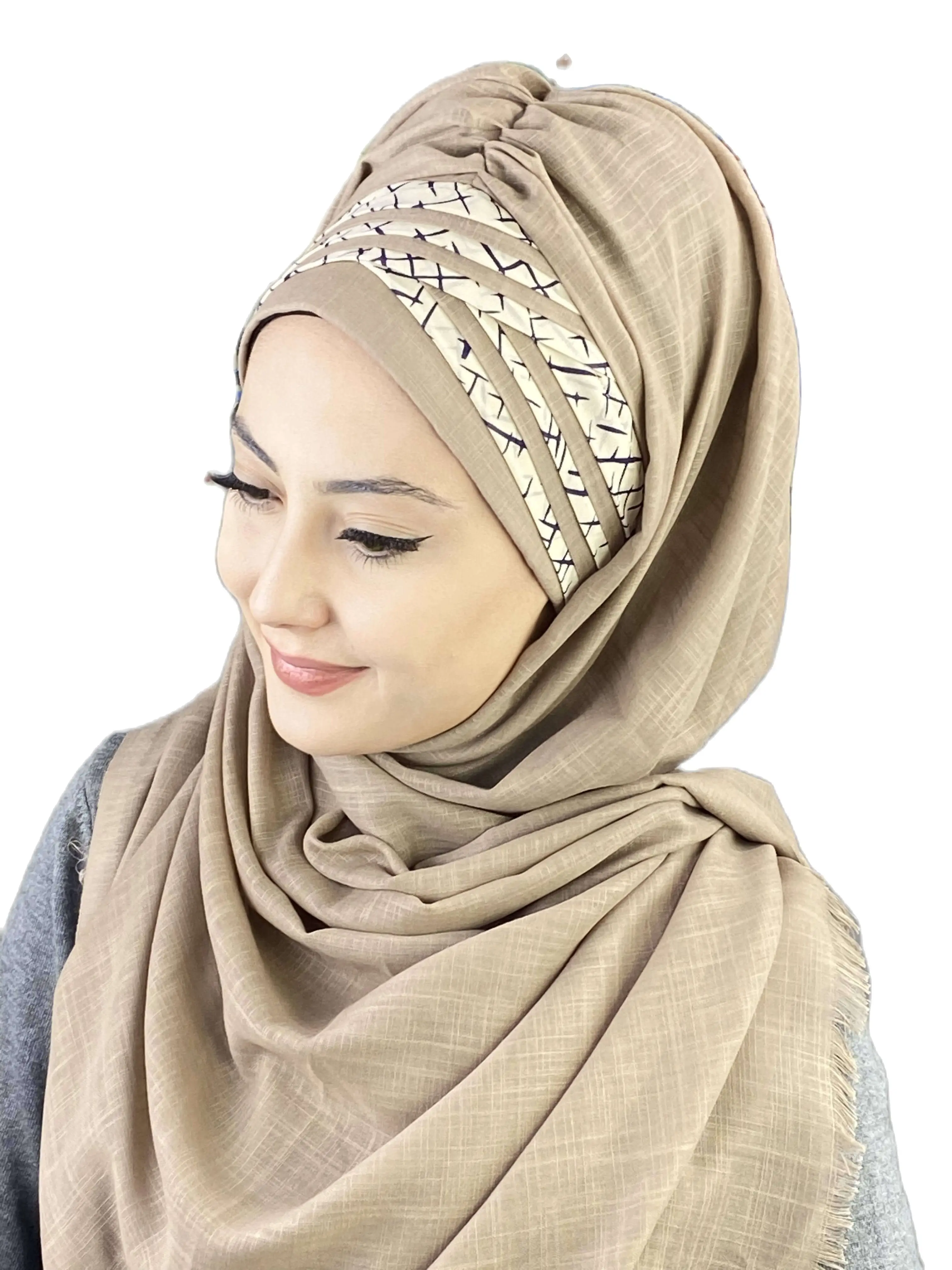 New Fashion 2022 Hijab Islamic Women Winter Scarves  Muslim Products Hat  Foulard Stone Color Short Striped Cross Draped Shawl