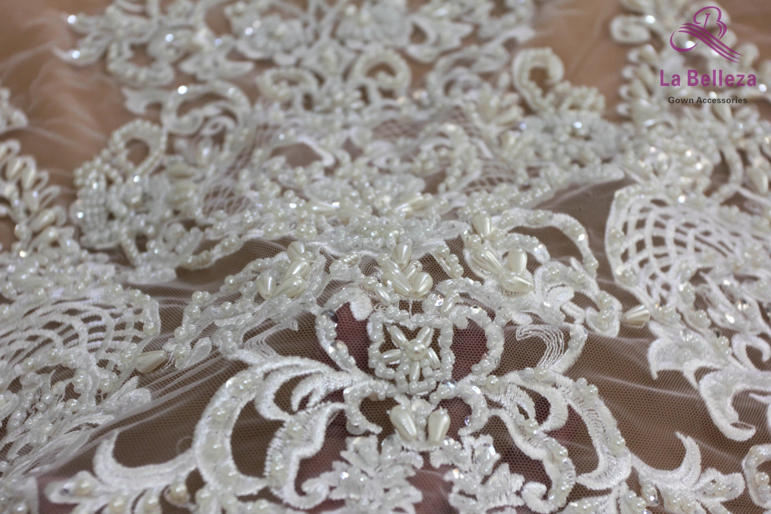 La Belleza restock 75cm width ivory Bilateral Beaded sequins lace trim gorgeous lace trim for bridal accessories 1 yard