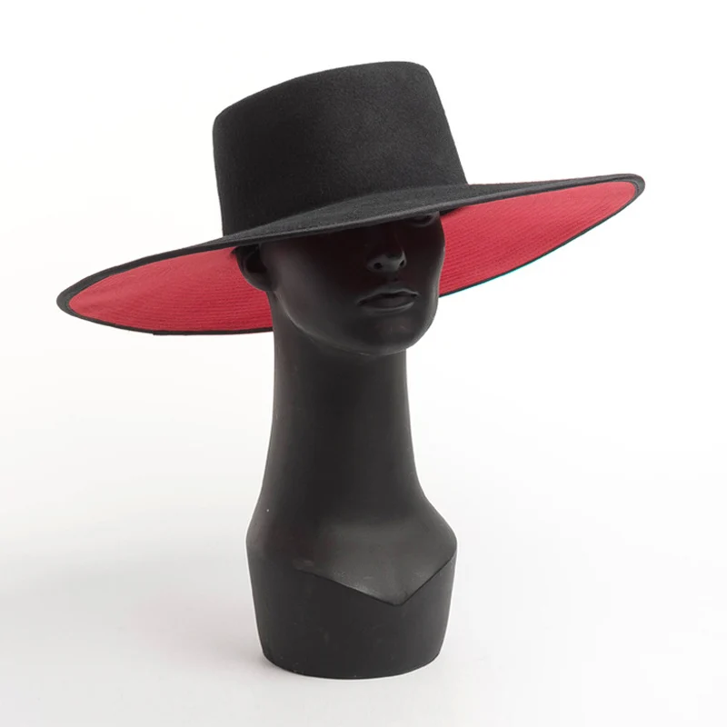 Unisex aba larga emenda dois tons lã Fedora chapéu, Senhoras \'Igreja Derby Hat, Vermelho, Preto, Quente, Vestido clássico, Inverno