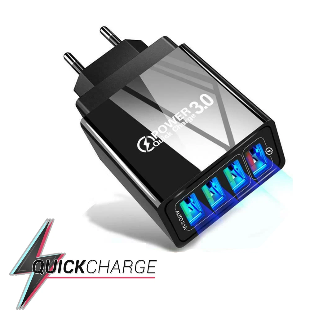 Fast mobile charging charger with USB connection 4 outputs 3.0 with micro USB or Type C charger compatible with Xiaomi, Huawei