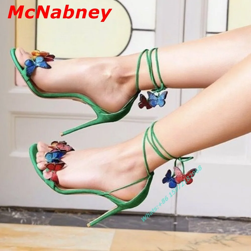 Butterfly Flower Straps Lace Up Sandals Open Toe Mixed Colors Thin High Heel Sandals Ankle Shallow Women Party Dress Shoe Summer