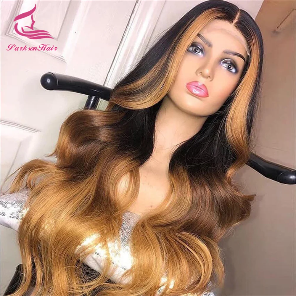 

Highlight 13x4 Transparent Lace Front Human Hair Wigs Pre Plucked Ombre Honey Brown Body Wave 13x6 Lace Frontal Wig For Women