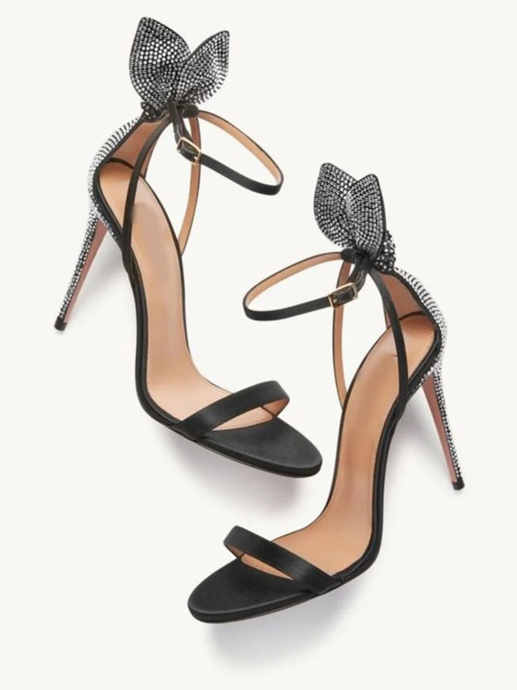 Bow Tie Crystal Sandals Thin High Heel Open Toe Ankle Strap Rabit Ears Black White Apricot Summer Shoes Custom Made Stiletto