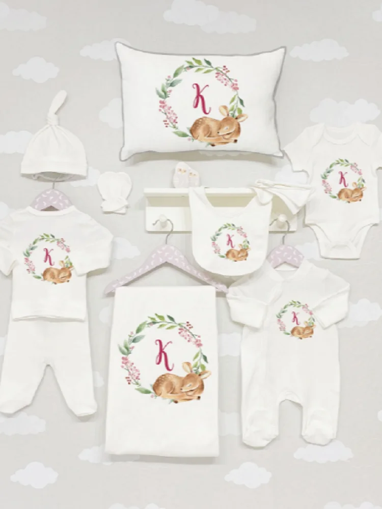 11 PIECES REQUESTED SINGLE LETTER PRINTED SET- NEWBORN - HOSPITAL OUTFIT - ORGANIC COTTON - UNISEX - WITH BAG