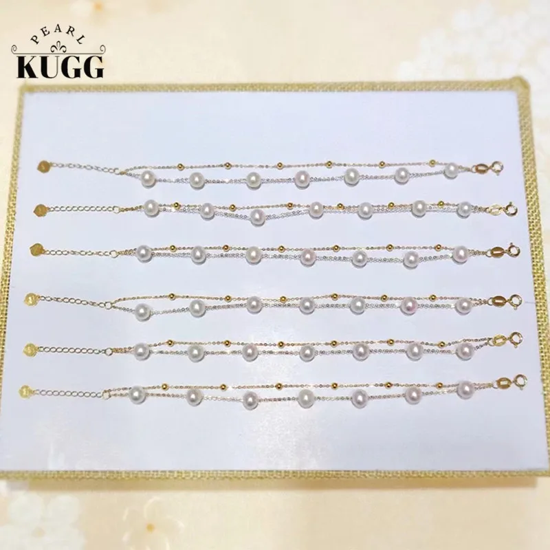 

KUGG PEARL 18k Yellow Gold Pearl Bracelet Handmade Jewelry Fashion Natural Freshwater White Pearl Bangle Simple Style