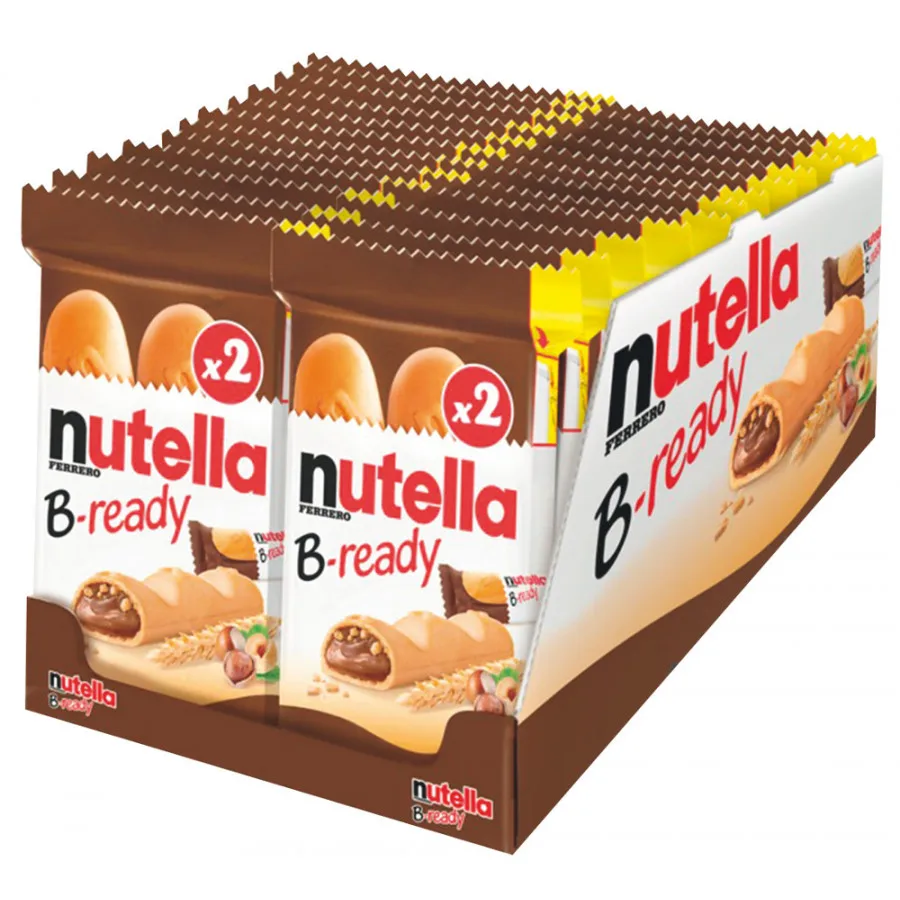 KINDER NUTELLA B-READY. Biscotti croccanti ripieni di crema al cacao e nocciole NUTELLA. Scatola da 24 unità 55 gr