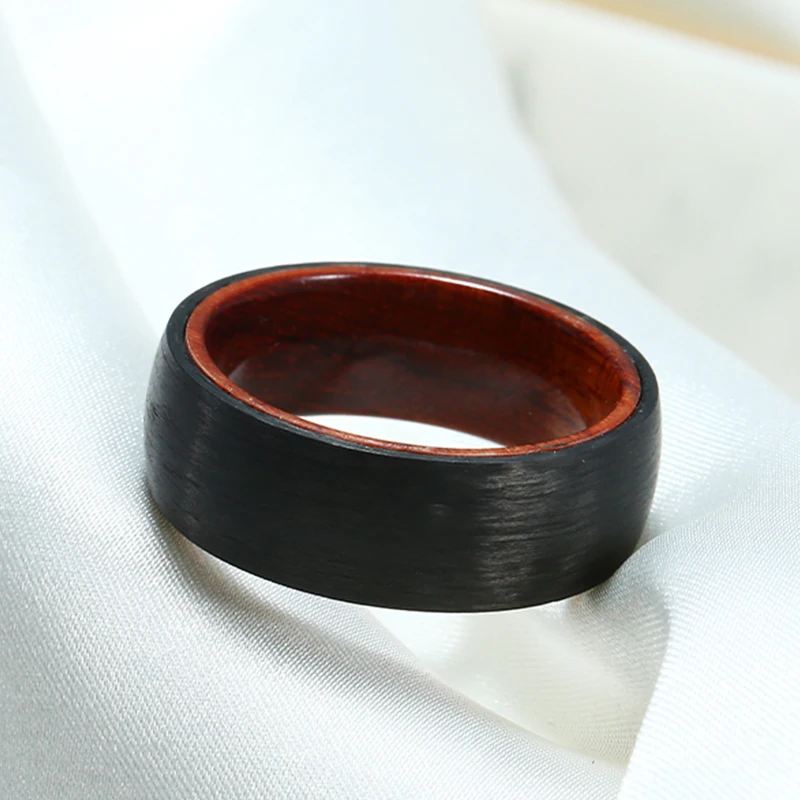 Men\'s 8mm Domed Pure Carbon Fiber Rings Solid Hawaiian KOA Wood Sleeve Wedding Band Comfort Fit