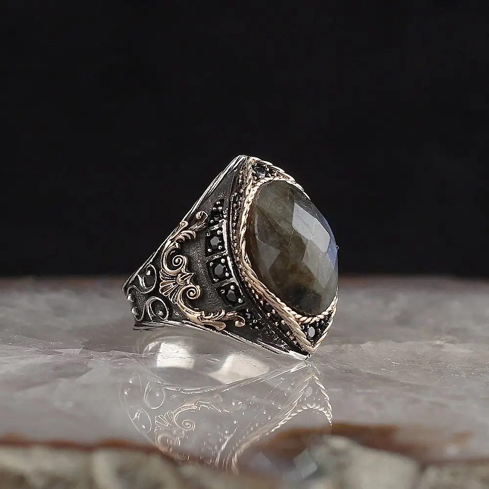 Labradorite Gemstone Crescent 925 Sterling Silver Men 'S Ring