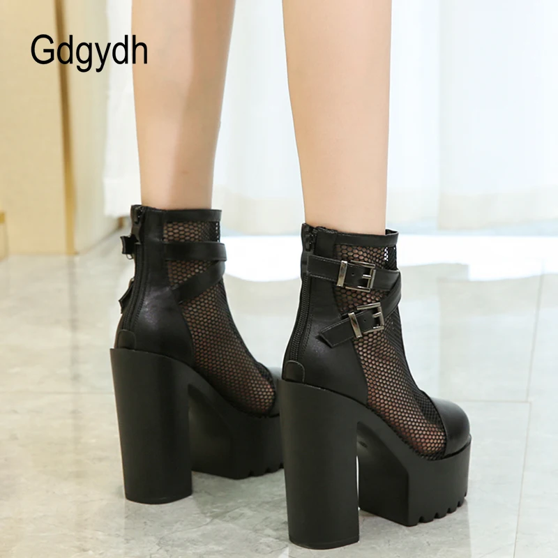 Gdgydh Air Mesh Women Ankle Boots Platform Square High Heels Breathable High Thick Bottom Summer Shoes Dress Round Toes White