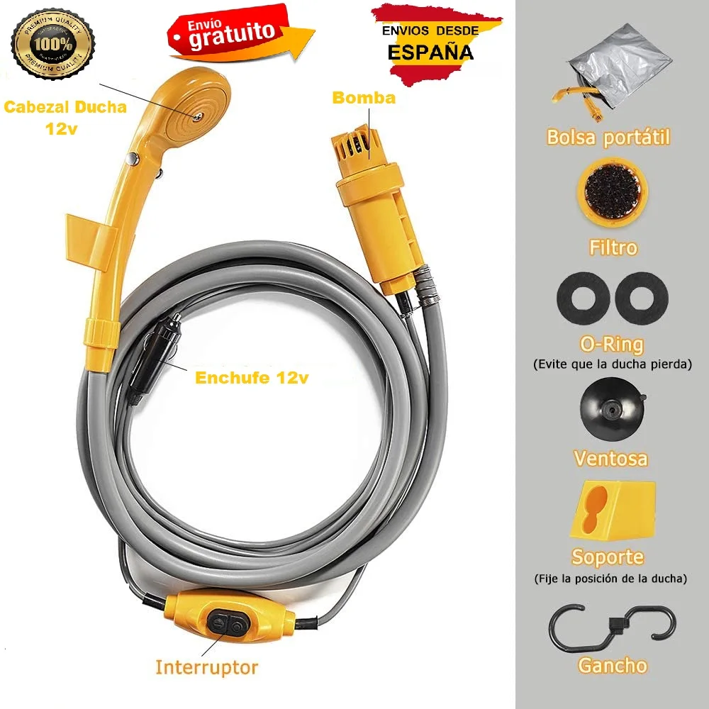 VALDI LED Ducha a 12 voltios portatil con Bomba de Agua para Camper Caravana autocarava Camping