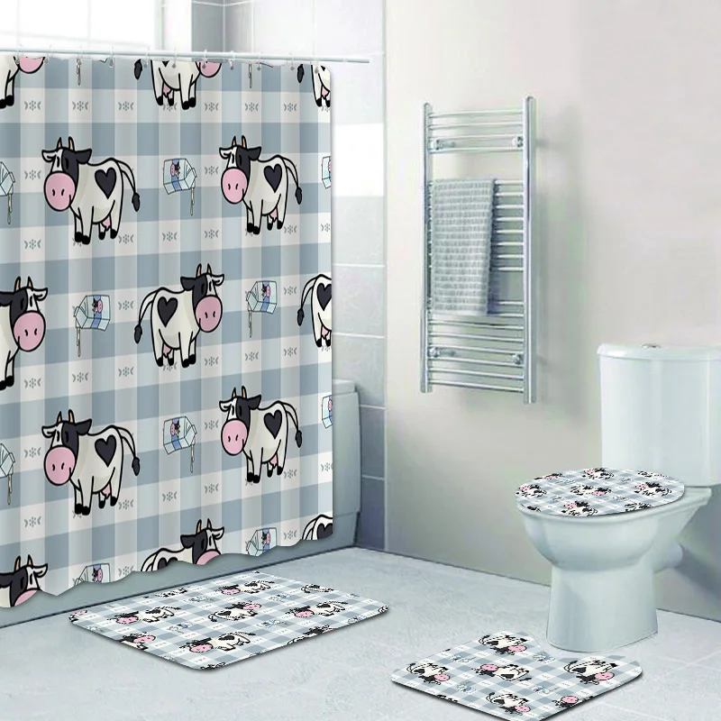 Chic Cartoon Cow Pattern on Gingham Bathroom Shower Curtain Set for Kids Cute Farm Animal Cattle Bathroom Curtains Toilet Mats