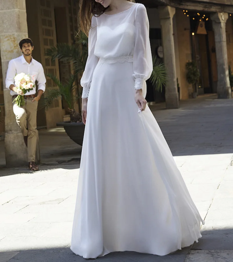 

11748#Elegant Simple Ivory Ruched A-Line Maxi Boho Boat Neck Open Back Long Sleeve Chiffon Wedding Dress Wedding Bridal Gown