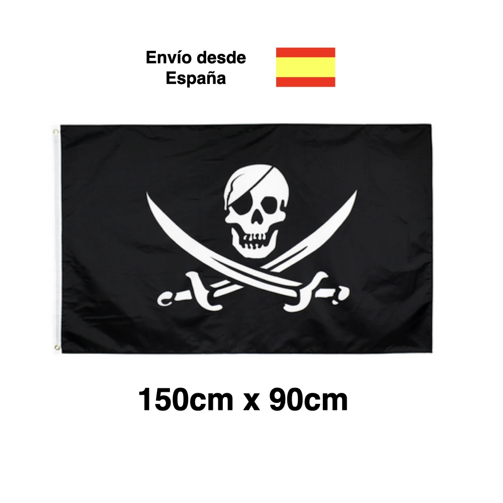 Pirate Flag 150cm x 90cm black polyester fabric skull banner with patch and swords sailor boat decoration