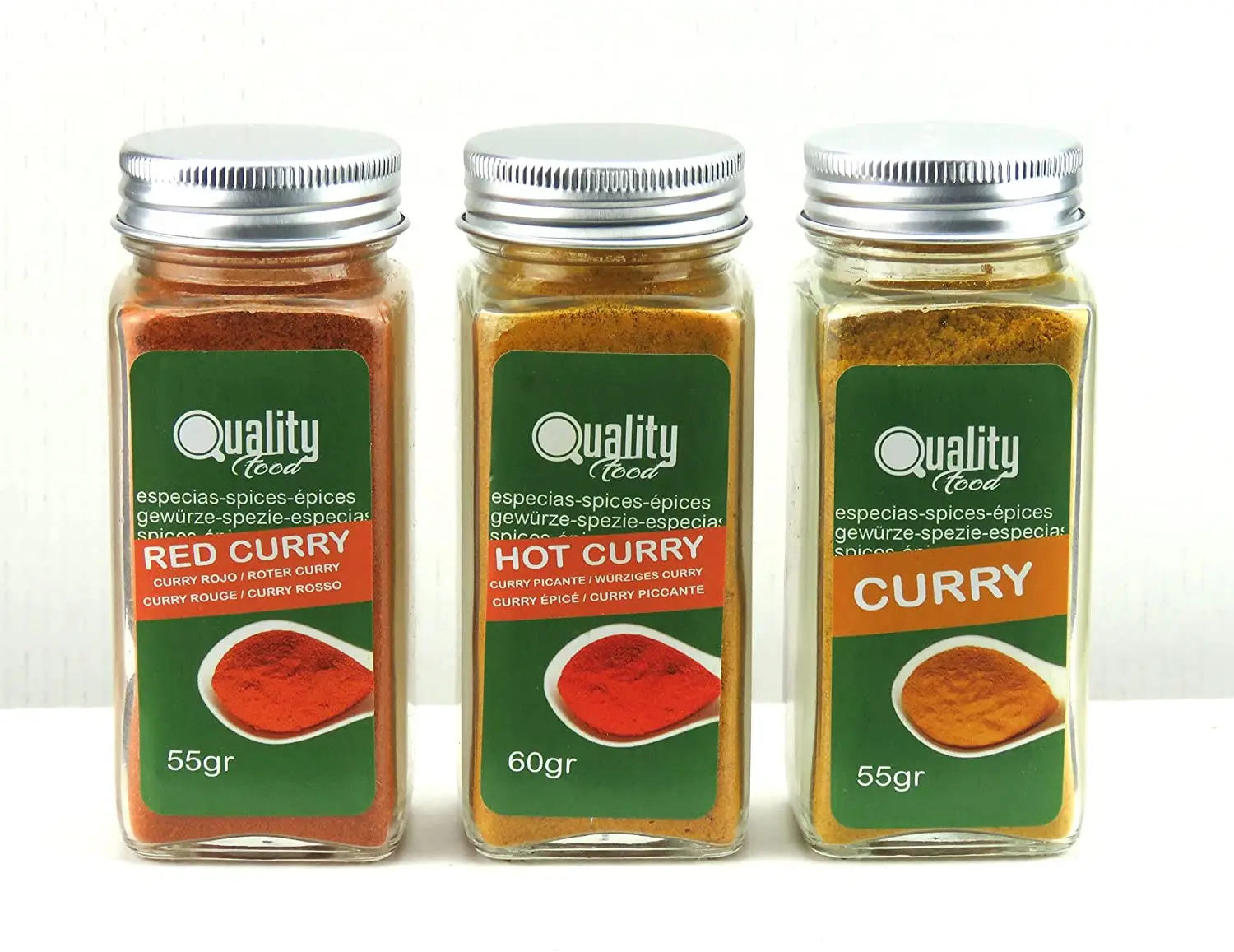 Pack de especias Masala. Ideal para regalo y uso diario. 8 Tarros de cristal, reutilizables. 5 especias chinas, Curry Dulce, Picante y Rojo, Garam
