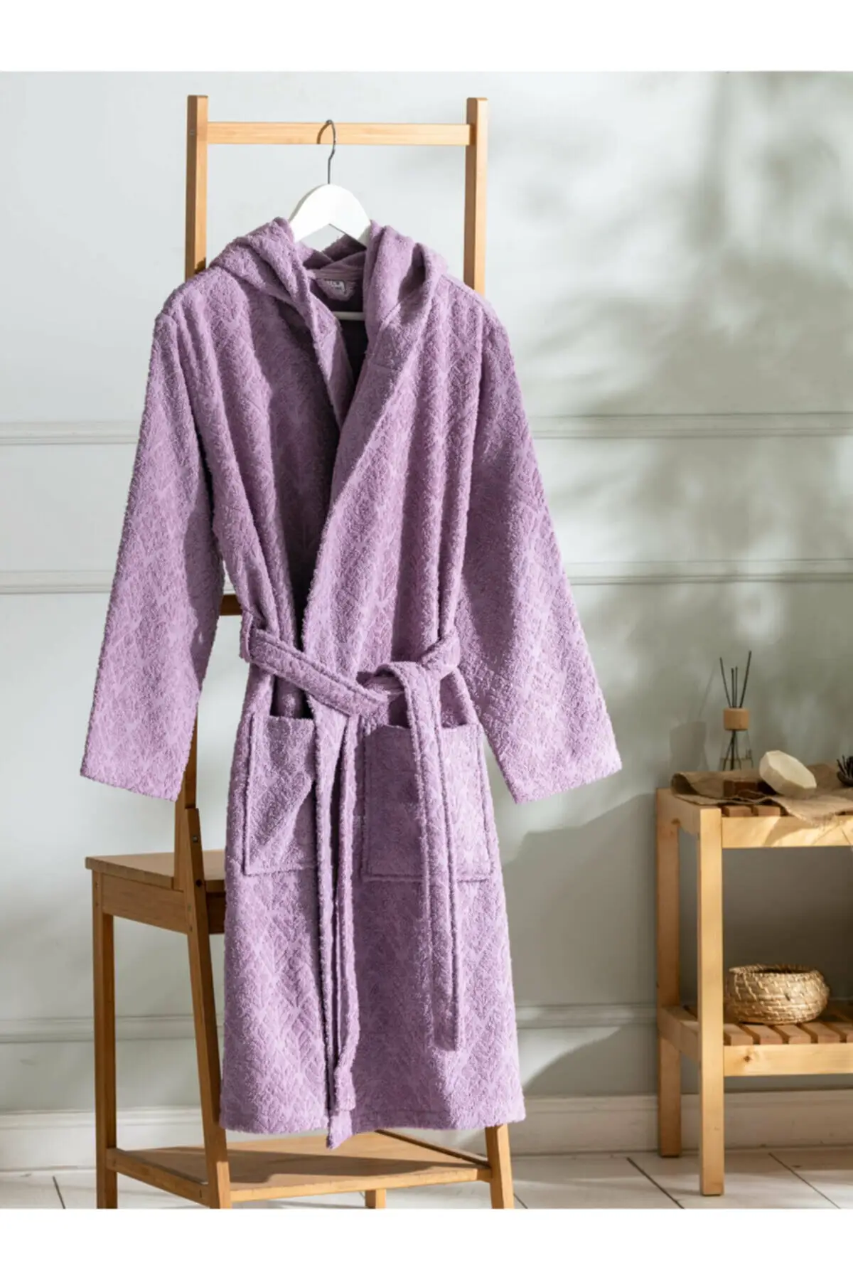 Plain Patterned Bathrobe Women Winter Spring Long Dress Soft Bathrobe Cotton Purple Hood Collar Pockets Belted Lilac