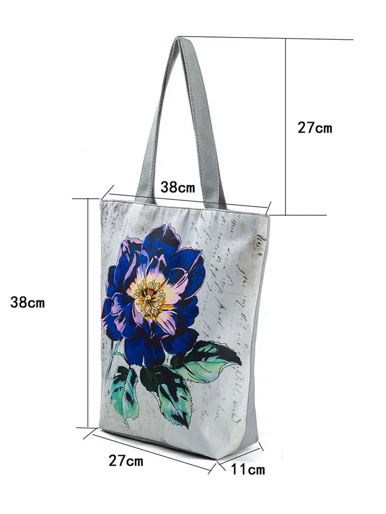 Elegant Blue Flower Printed Handbags All-match Shoulder Bags Vintage Tote Bags For Women Large Shopper Practical Gift Lunch Bags