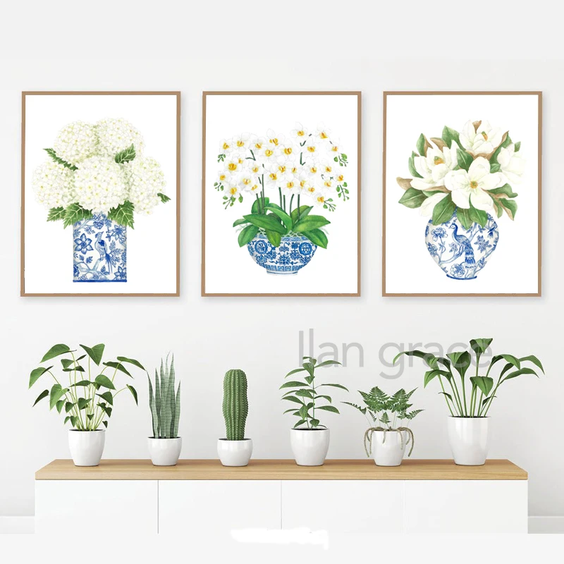 White Orchid & Magnolia Watercolor Chinoiserie Decor Canvas Print Oriental Vase Blue White Willow Style Porcelain Flower Jar