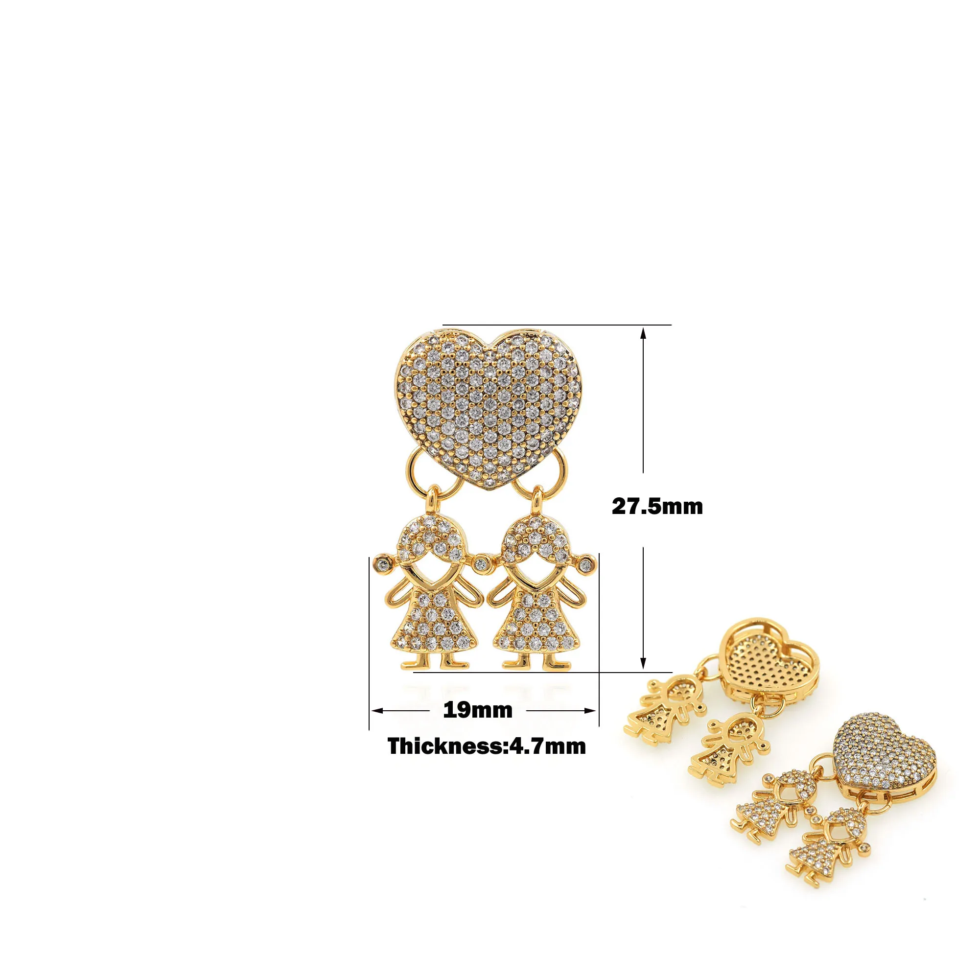 Cubic Zirconia Heart Charm Connector Micro-Pave Gold Filled Double Girl Pendant DIY Bracelet Necklace Jewelry Making Supplies