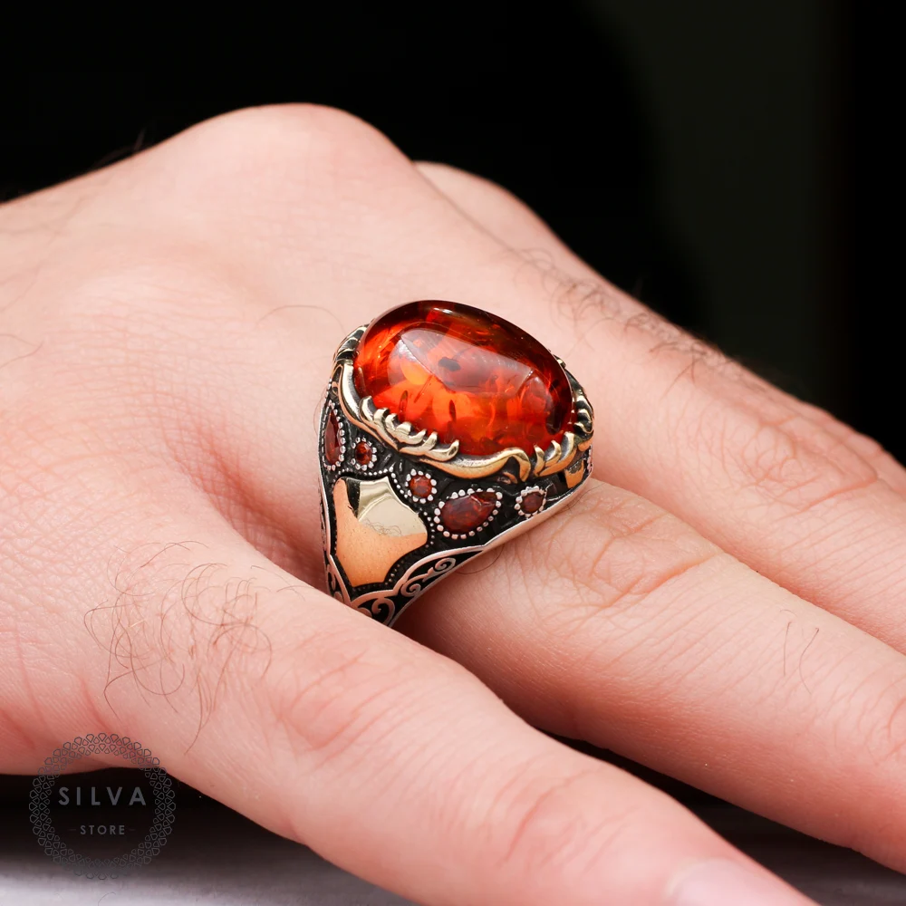 Original Sterling 925 Silver Men's ring With Amber Stone. Men's Jewelry Stamped With Silver Stamp 925 All Sizes Are Available