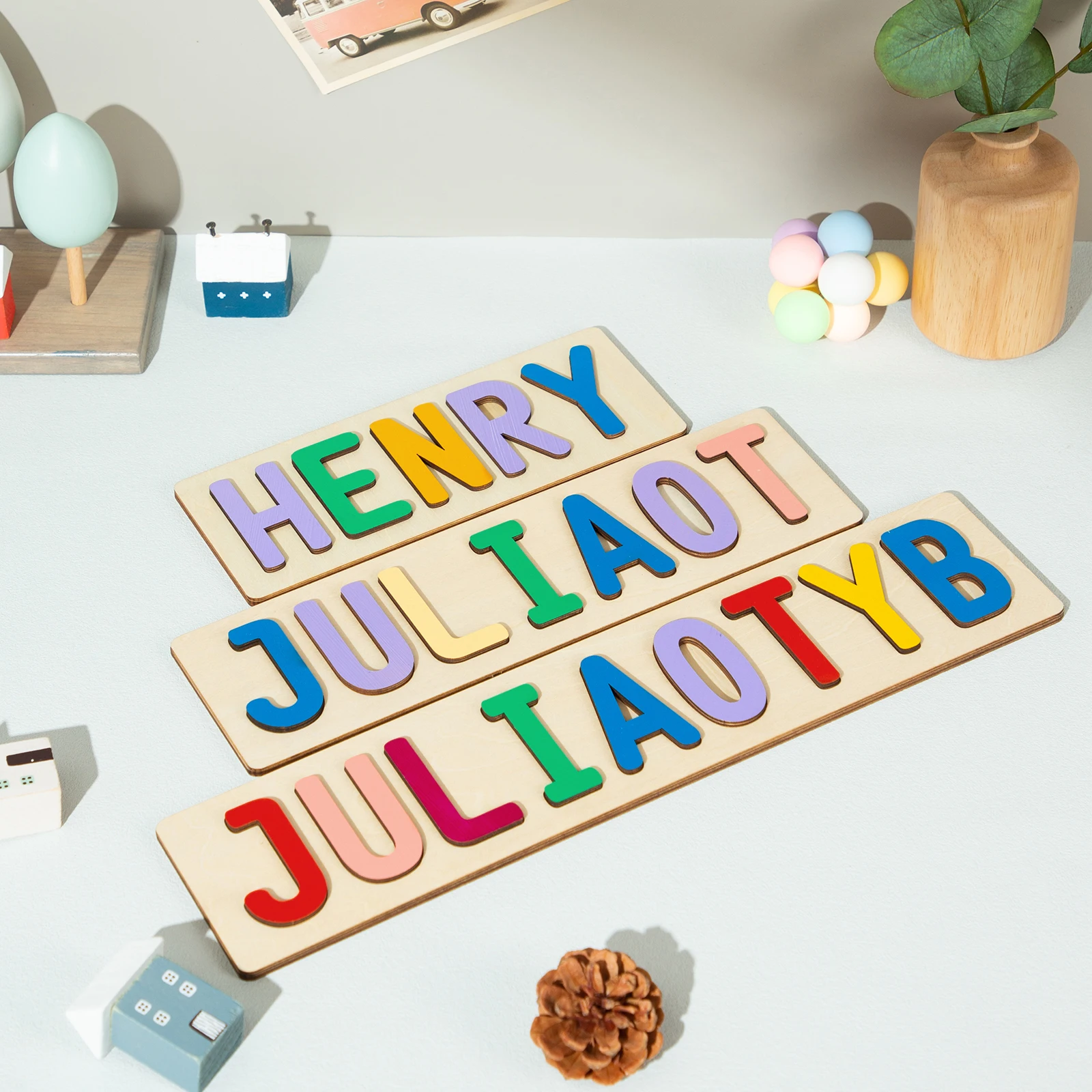 Personalized Wooden Name Puzzle With Dinosaurs Customized Gift for Baby Kids Learning Toys Handmade for Toddlers