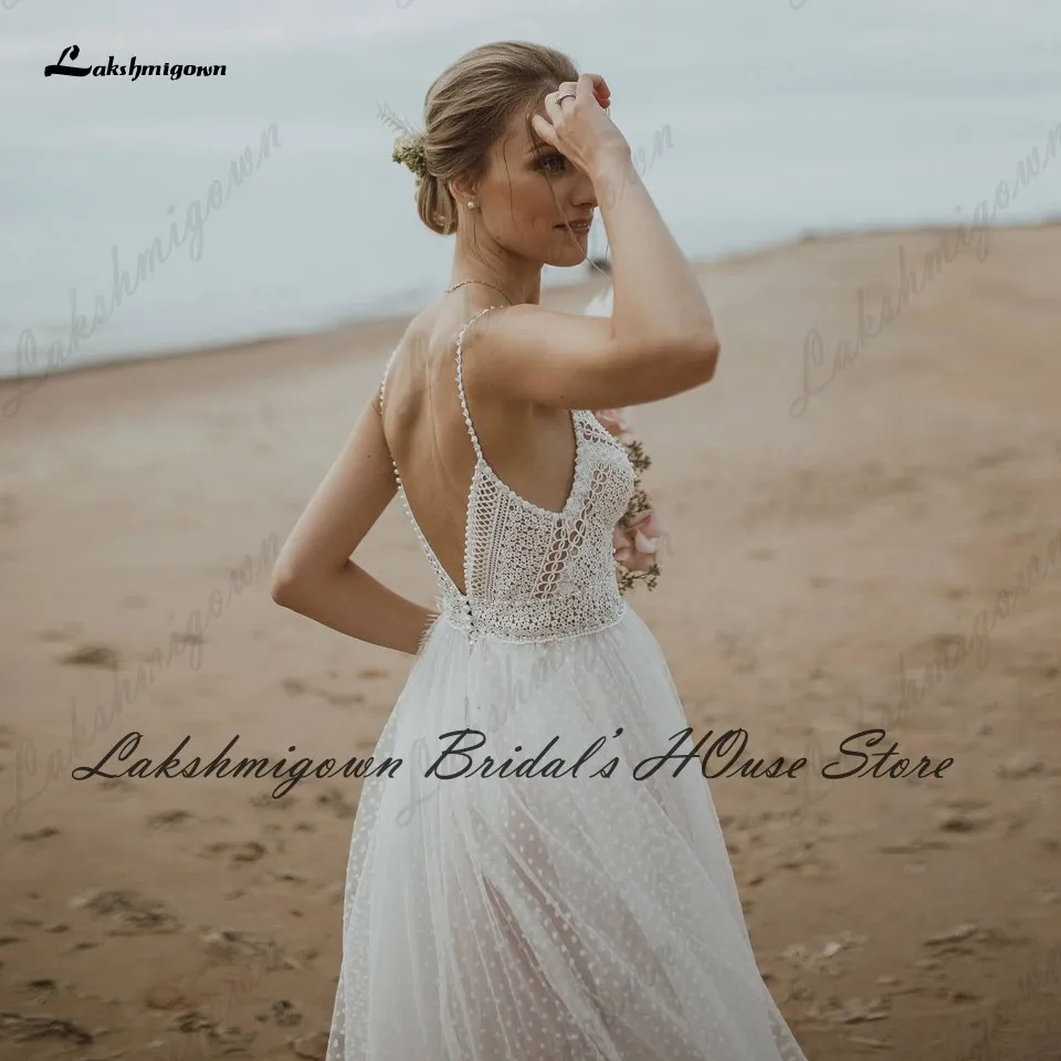 Lakshmigown Sexy Beach Wedding Dress Spaghett Straps 2024 Robe Mariee Vintage Lace Boheme Wedding Dresses Backless Pearls Beaded