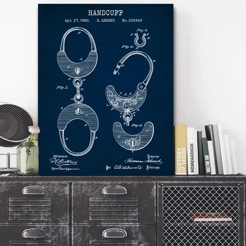 أصفاد يدوية ملصق مخططات فنية لوحة شرطة ديكور أصفاد 1880 براءة اختراع عتيقة قماش يطبع هدايا شرطي