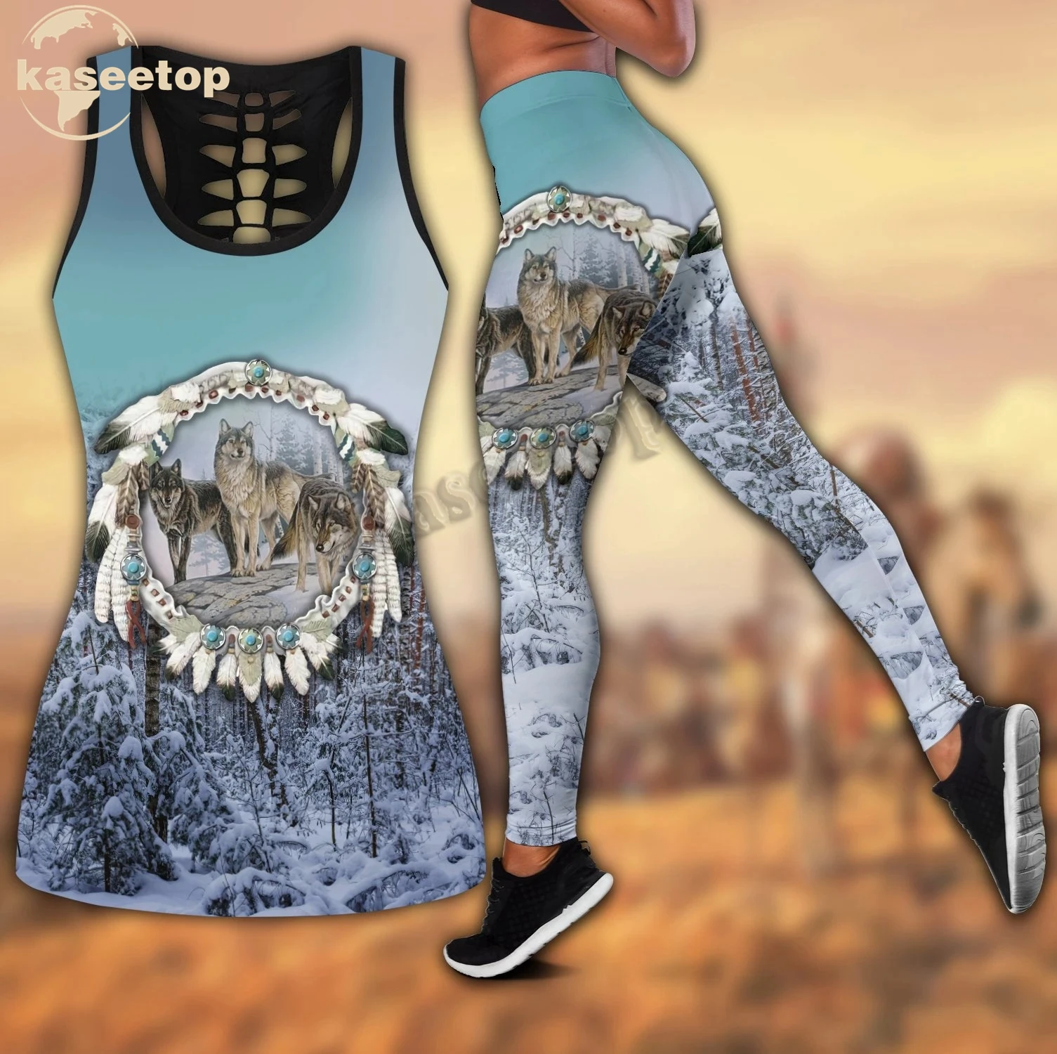 Newest Wolves Tank Top Legging Set Outfit Yoga Set Women 3D Print Vest Hollow Out Hollow Tank &Legging Outfit Summer LK220