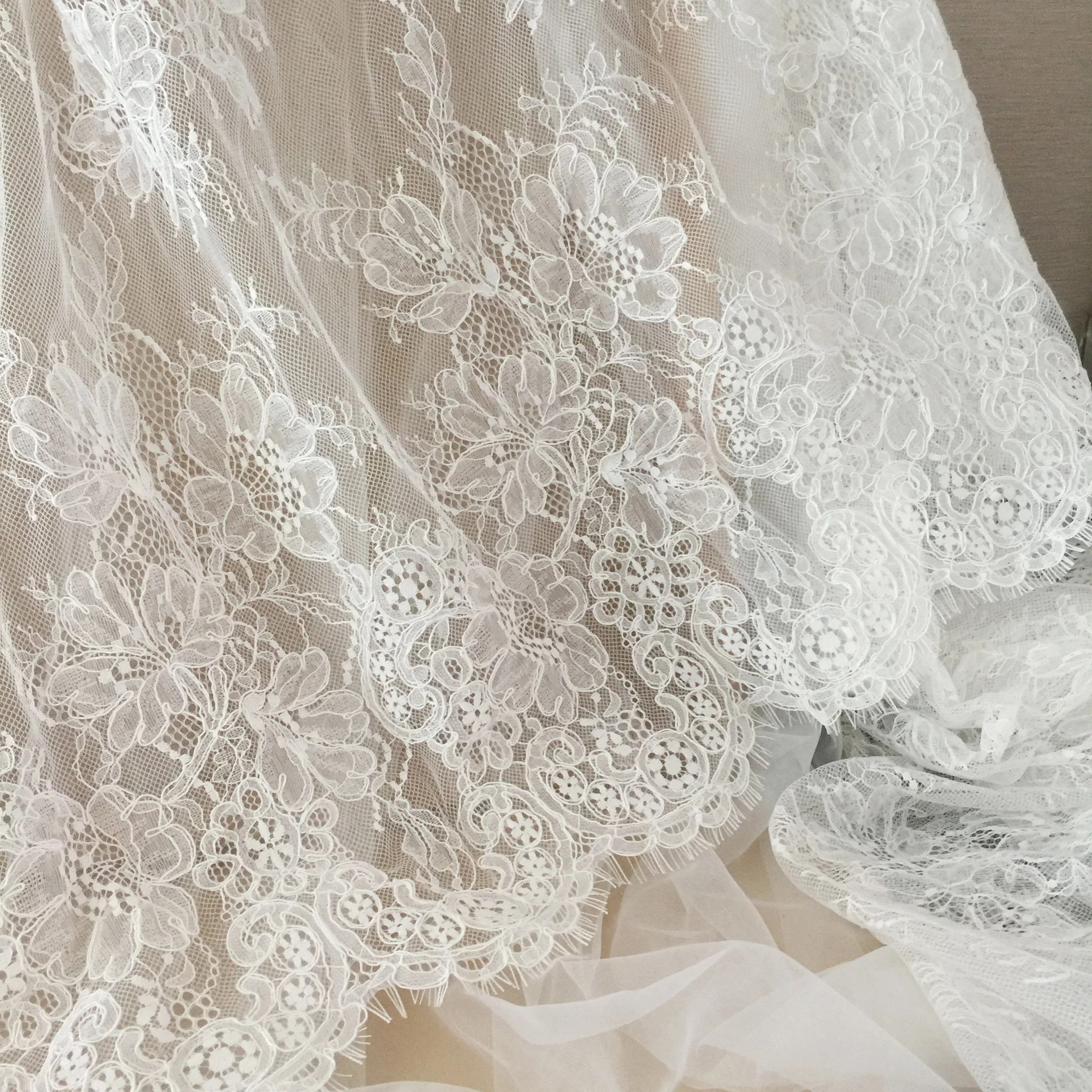 3 Yards French Made Fine Geometric Couture Alencon Embroidery Lace Fabric at 150cm wide, Couture Wedding Gown Fabric