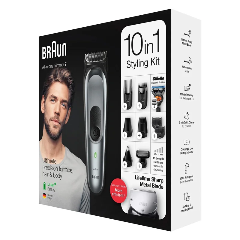 Braun all in one MGK 7221 tagliacapelli e tagliacapelli-Set 10 in 1, Gilletfe Fusión5 ProGlide, 4 pettini
