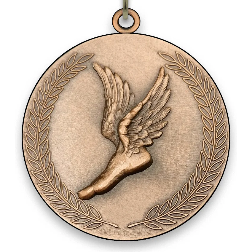 Large Metal Winged Foot Bronze Medal - 6,4 cm - with Neck Ribbon size 2.2cm x 80 cm, Choice of Ribbon Colours.