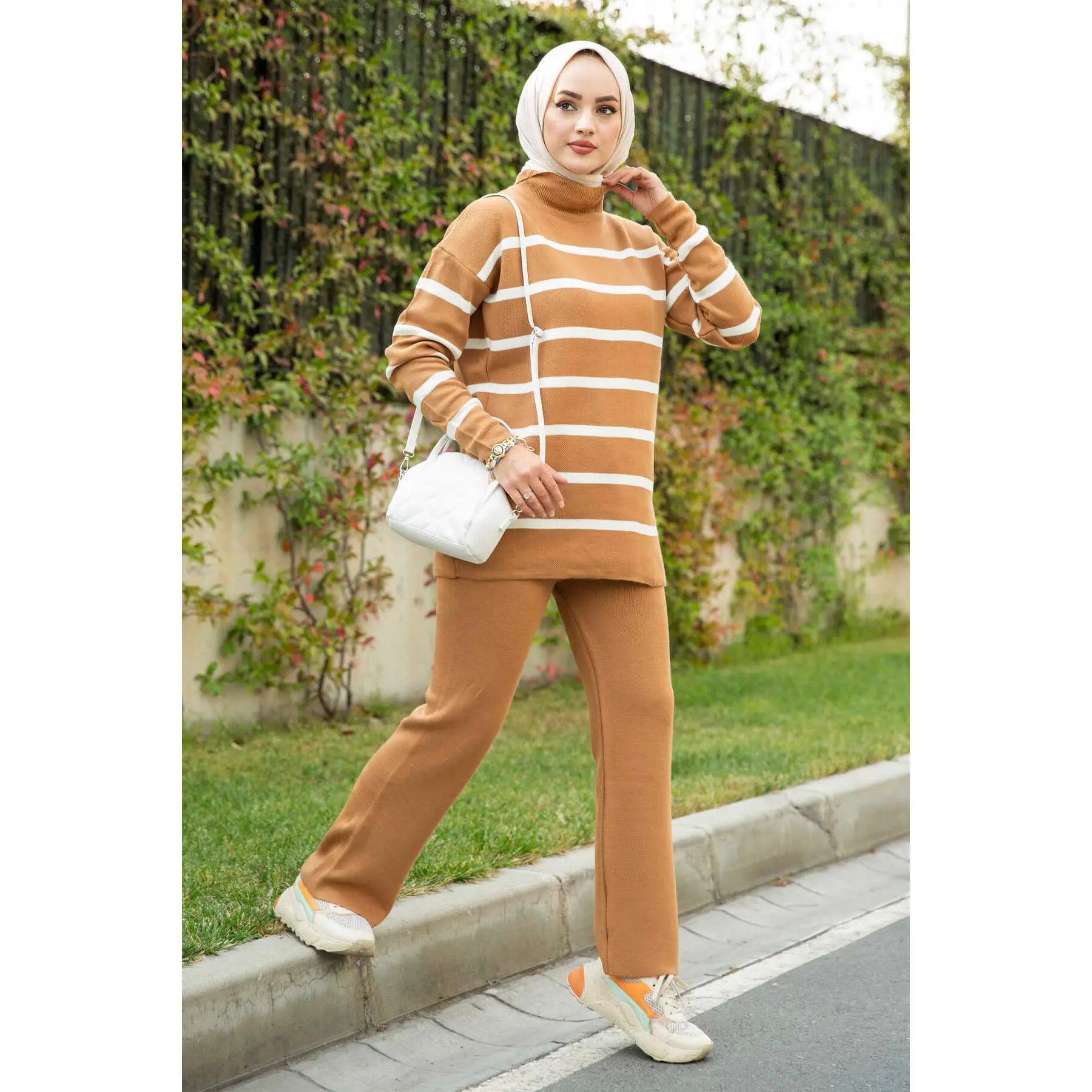 2 Piece Women's Knitted Sports Set Turtleneck Collar Sweater and Comfy Pant Sportive Casual Suit Stripe Patterned Knitwear 2021