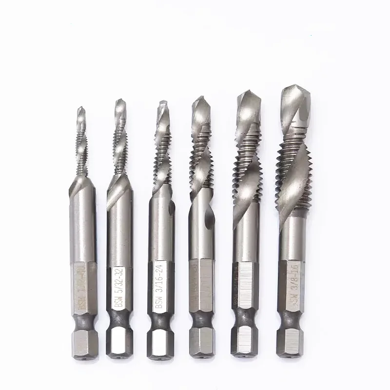 6ชิ้น/เซ็ตHSS4341เครื่องสกรูด้ายขวามือPlug Tapก๊อกสกรูชุดชุดสกรูTwistเจาะชุดBit Hex shank 6.35Mm Tap Dril