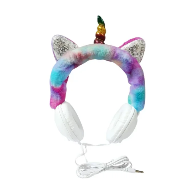 Unicorn Headphone , Rainbow Colors Plush On-Ear Wired Headphone With Horn, White And Pink Colours Option