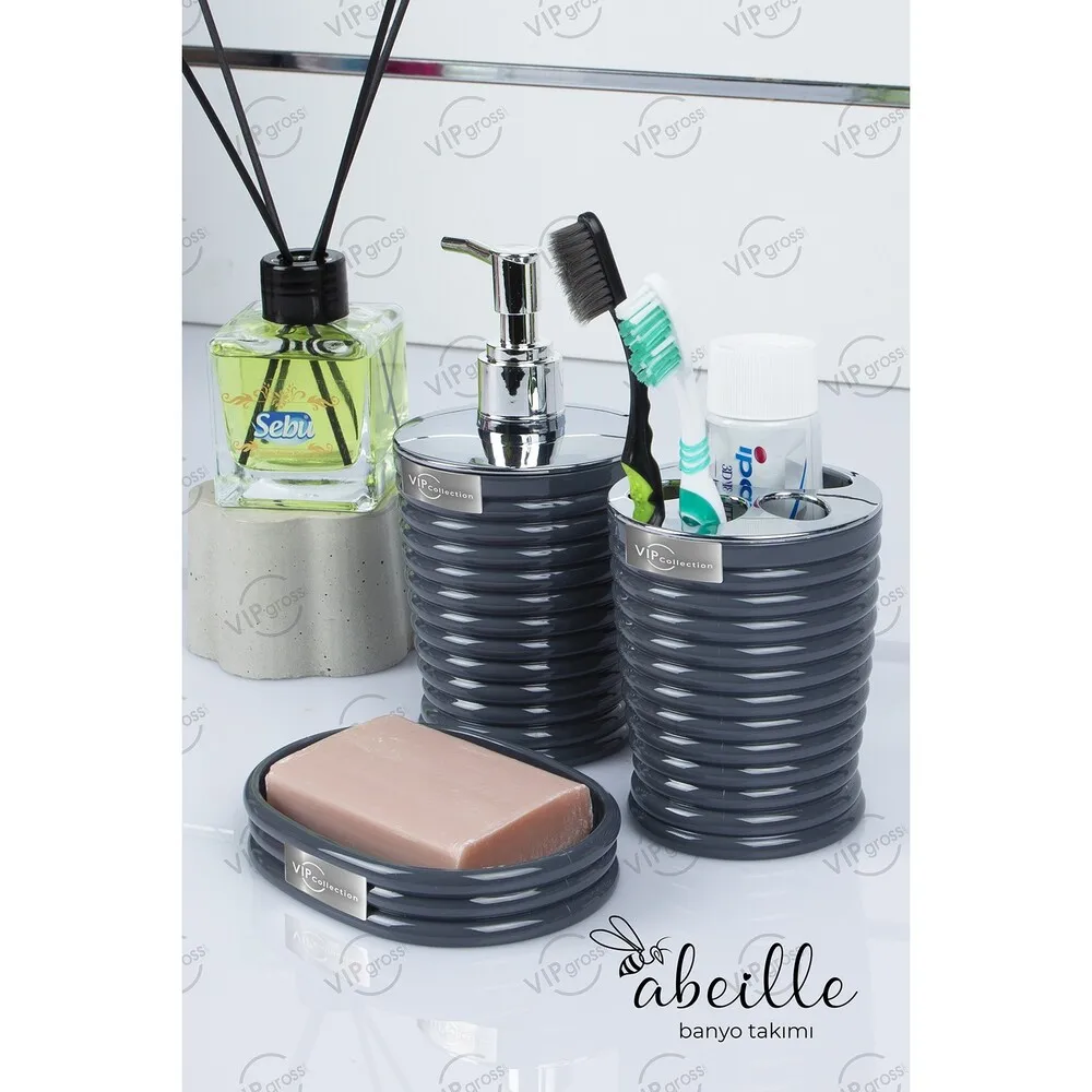 5 Piece Bathroom Set gray color acrylic 1 dustbin 1 soap dish 1 toothbrush holder 1 toilet brush 1 soap dish Bathroom accessorie