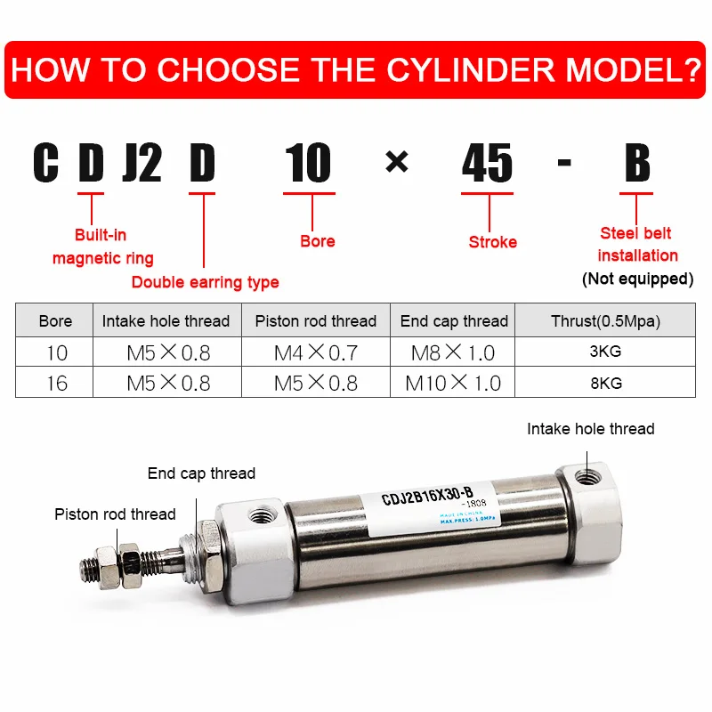 CDJ2B/CDJ2D Bore 16mm Stainless Steel Mini Cylinder Double Action CDJ2B16-10*15X20X25X30X40X50X100X150-B Pneumatic Cylinder