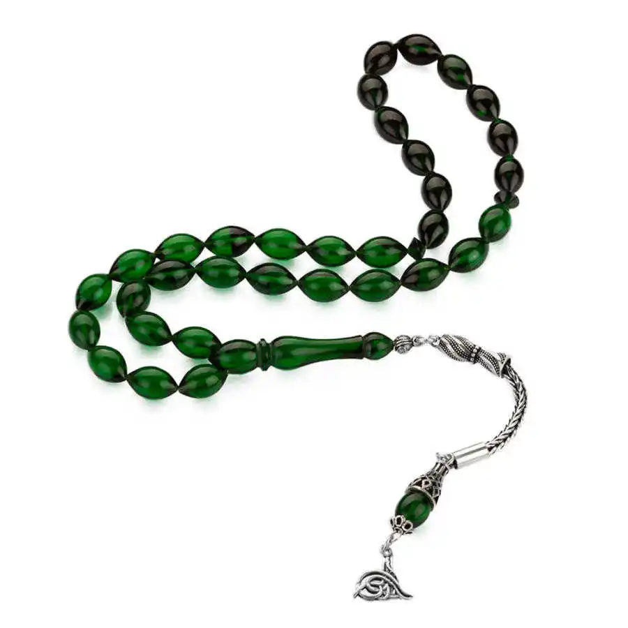 Green Bakalite Rosary (Tasbih) with Silver Ottoman Tughra Tassel